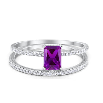 Art Deco Two Piece Wedding Ring Radiant Simulated Amethyst CZ 925 Sterling Silver